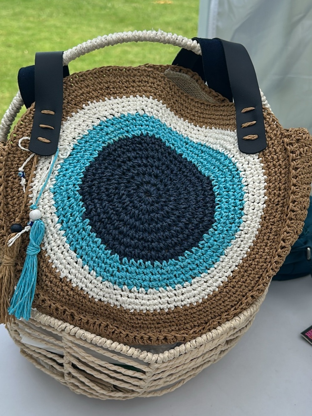 Handwoven Round Beach Tote Bag in Blue, Turquoise & Natural - Unbranded